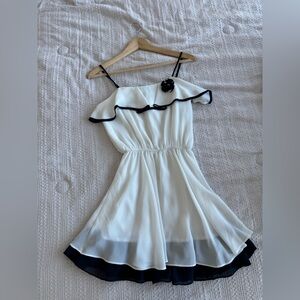 Elegant White Dress with Navy Trim